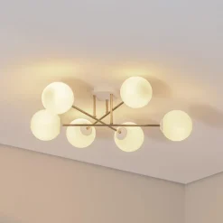 Loftlampe Glassy, 6 lyskilder, hvid/guld/opal^Euluna