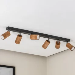 Luminex Gang|Loftlamper>Loftlampe Nise, 6 lyskilder, aflang, sort stål, træ