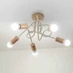 HELAM Loftlampe Oxford, sandbeige, træ, metal, 5 lyskilder, Ø 47 cm