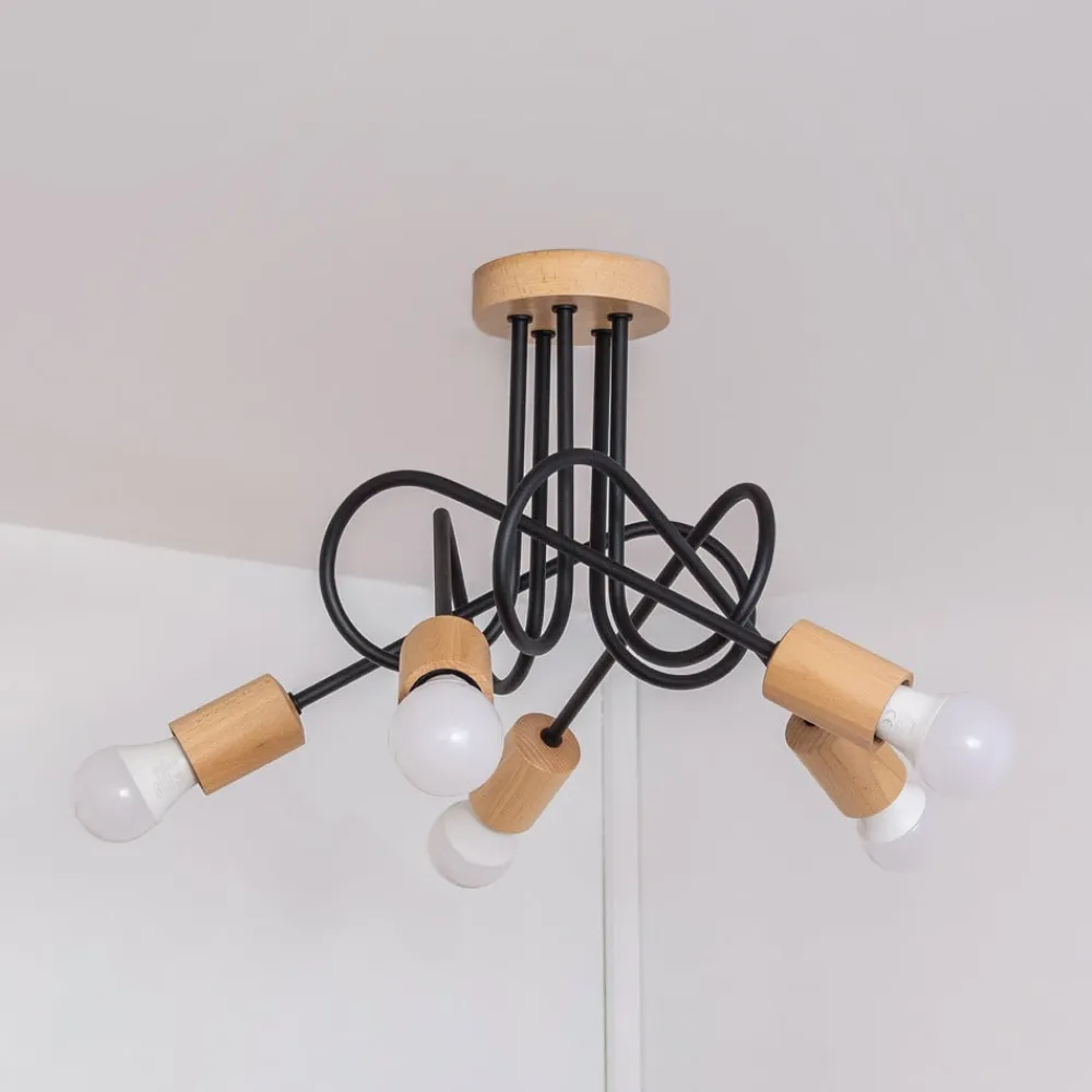 Loftlampe Oxford, sort, træ, metal, 5 lyskilder, Ø 47 cm^HELAM Outlet