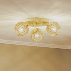 Argon Loftlamper>Loftlampe Paz hvid med trælameller-kugler 3 lyskilder.