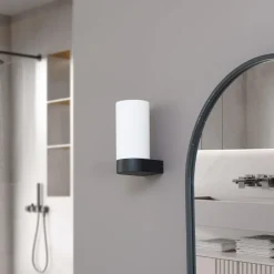 Lucande Basolo væglampe til badeværelset, sort, højde 17,2 cm, glas