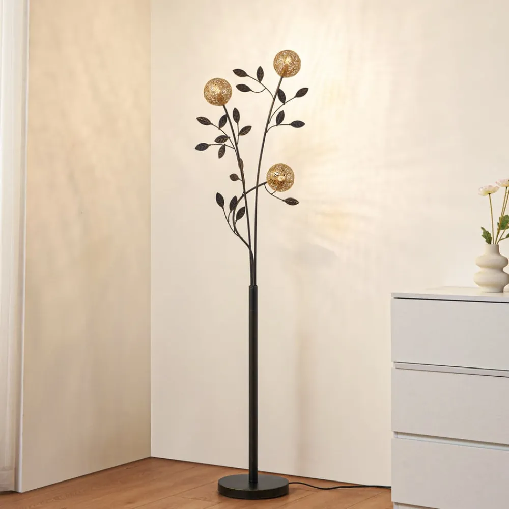 Lucande Evory gulvlampe, 160 cm, 3 lyskilder, sort/guld, G9