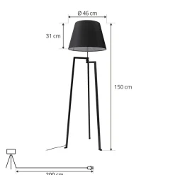 Lucande gulvlampe Amona, sort, tekstil, 150 cm, trefod