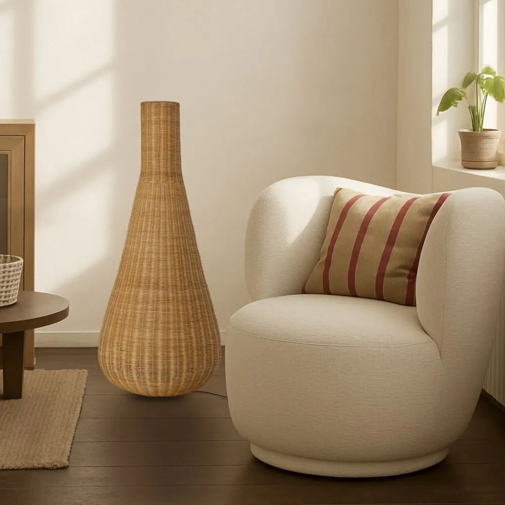 Lucande gulvlampe Takeo, rattan, højde 115 cm, E27