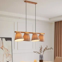 Lucande hængelampe Jinda, grå, træ, stof, 120 cm, E27