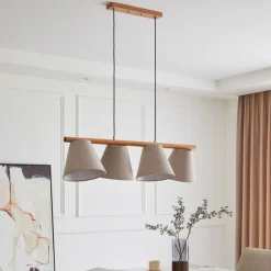 Lucande hængelampe Jinda, grå, træ, stof, 120 cm, E27