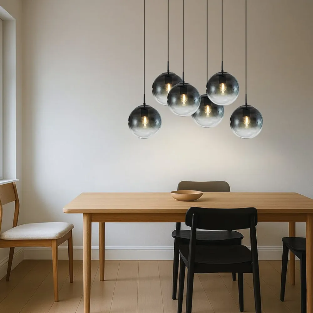 Lucande hængelampe Veloura, 6 lyskilder, 100 cm, glas, træ