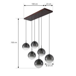 Lucande hængelampe Veloura, 6 lyskilder, 100 cm, glas, træ
