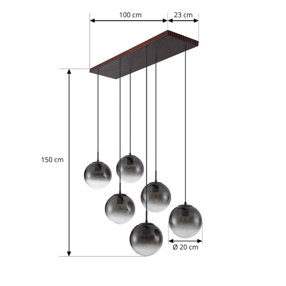 Lucande hængelampe Veloura, 6 lyskilder, 100 cm, glas, træ
