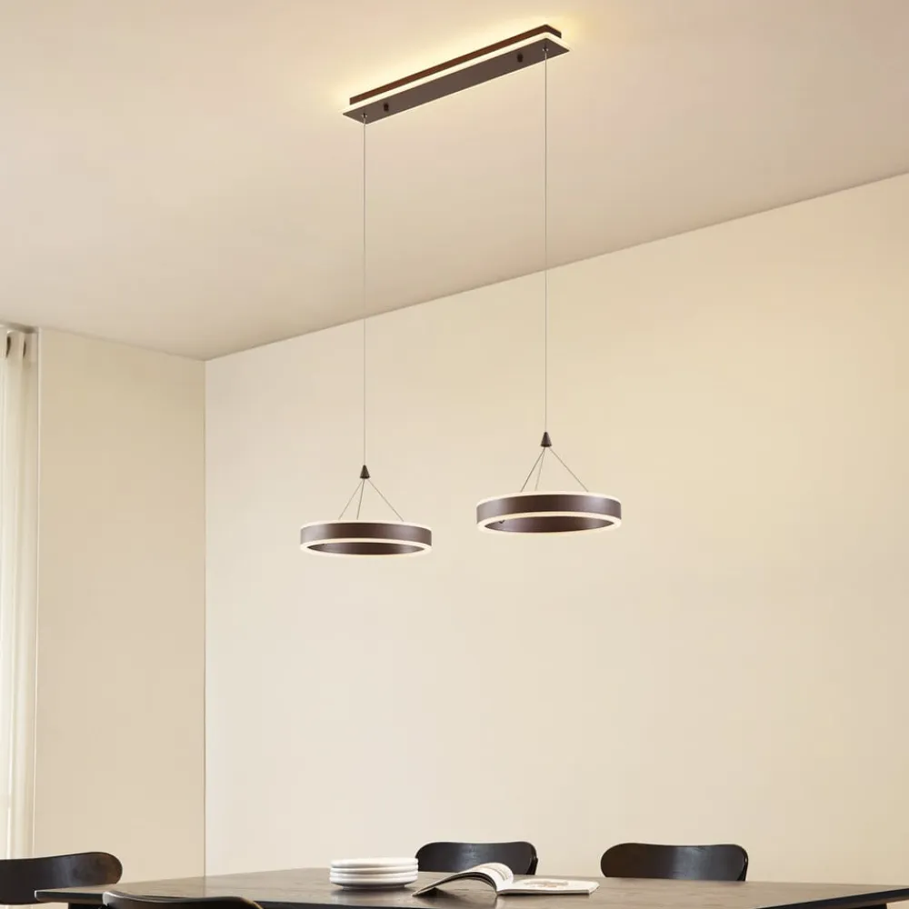 Lucande LED-hængelampe Kolo, 86 cm, 2 lyskilder, brun, dæmpbar