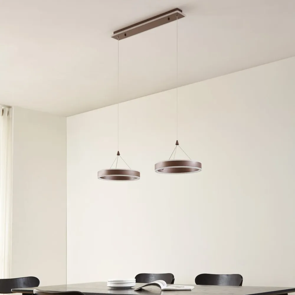 Lucande LED-hængelampe Kolo, 86 cm, 2 lyskilder, brun, dæmpbar