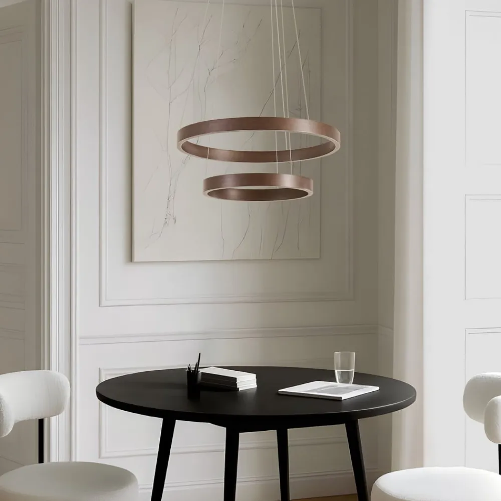 Lucande Pendellamper>LED-hængelampe Yonam, Ø 60 cm, 2 lyskilder, brun, CCT