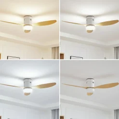 LED-loftventilator Kayu, hvid/træ, DC, 132 cm^Lucande