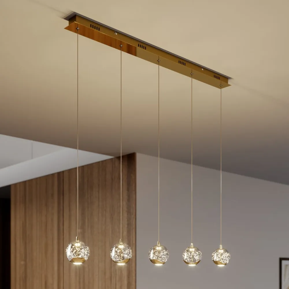 Lucande Pendellamper|Pendellamper>LED-pendellampe Hayley, 96 cm, 5 lyskilder, guld, glas