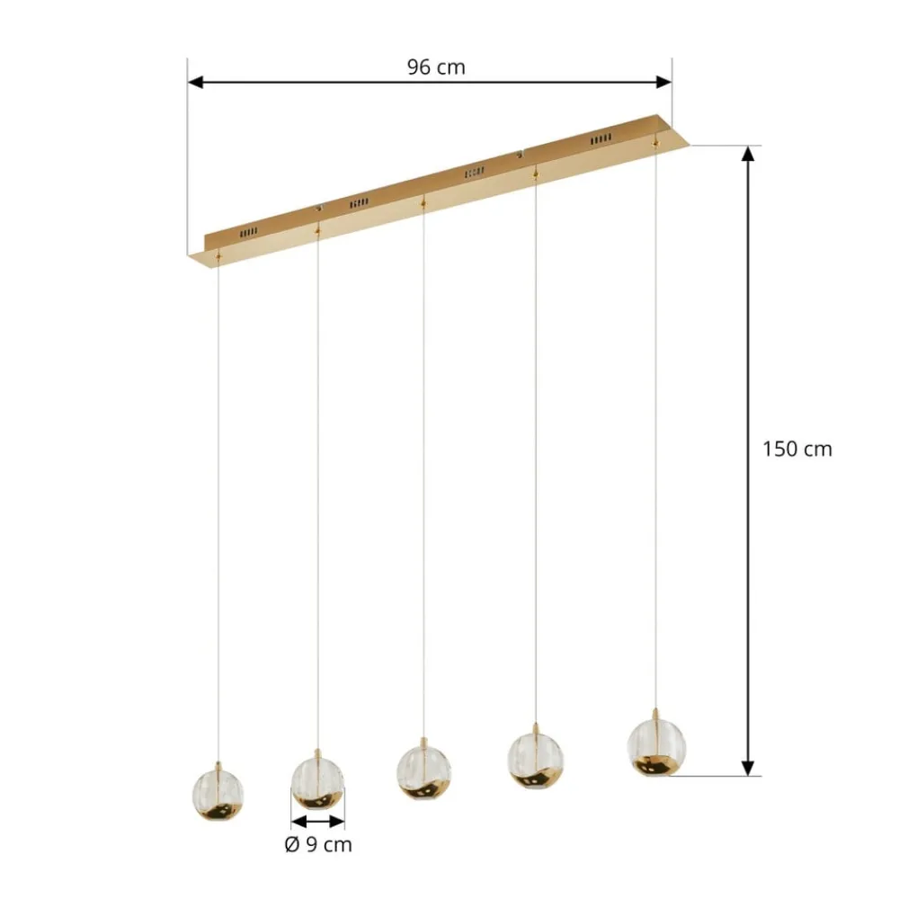 Lucande Pendellamper|Pendellamper>LED-pendellampe Hayley, 96 cm, 5 lyskilder, guld, glas