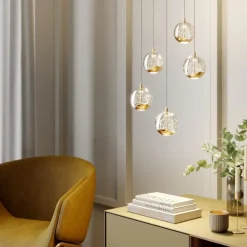 Lucande Pendellamper|Pendellamper>LED-pendellampe Hayley, Ø 30 cm, 5 lyskilder, guld, glas