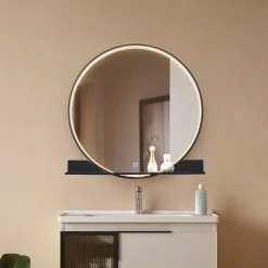 Lucande Møbel Og Interiør>LED-spejl Miren, sort, aluminium, CCT, hylde