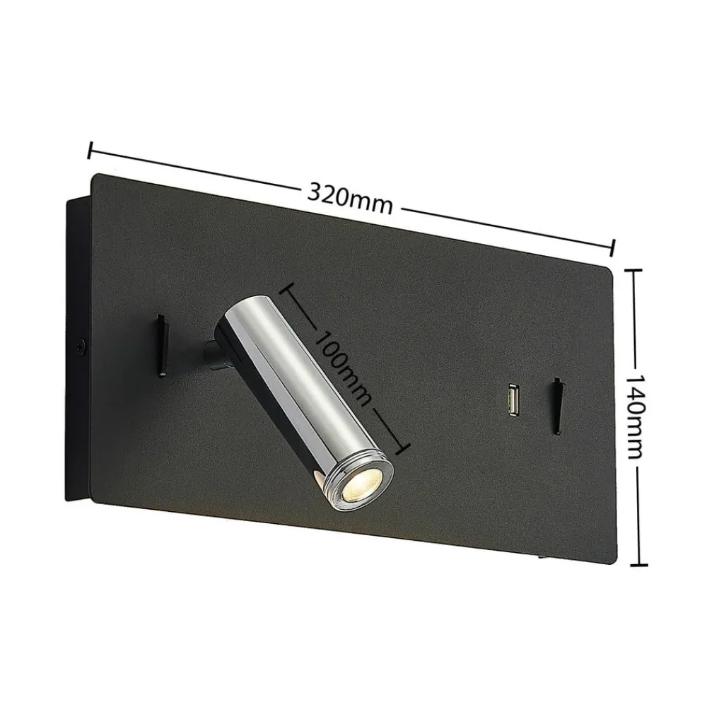 Lucande LED-væglampe Kimo, 32 cm, sort, aluminium, USB