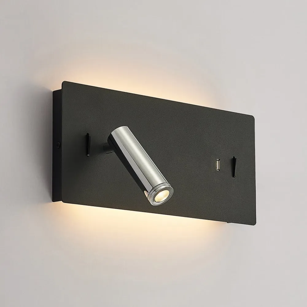 Lucande LED-væglampe Kimo, 32 cm, sort, aluminium, USB