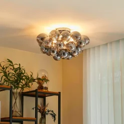 Lucande loftlampe Diborah, røggrå, glas, Ø 50 cm, G9