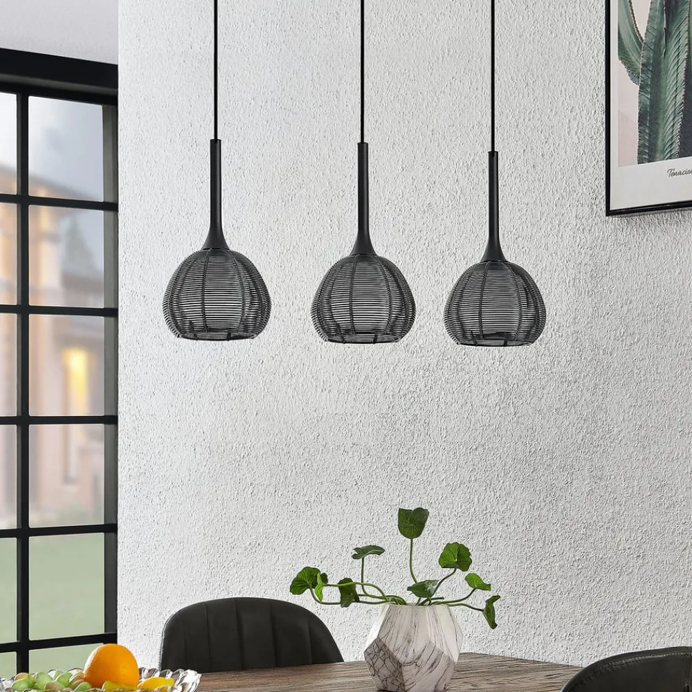 Lucande Tetira hængelampe, 3 lyskilder, lang, sort