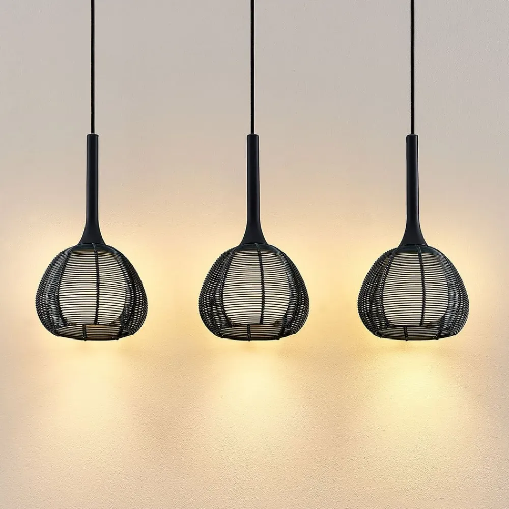 Lucande Tetira hængelampe, 3 lyskilder, lang, sort