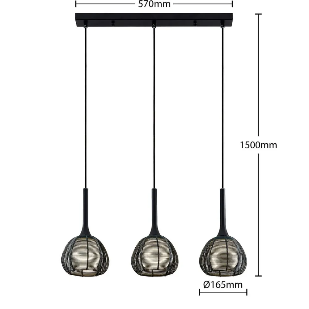 Lucande Tetira hængelampe, 3 lyskilder, lang, sort