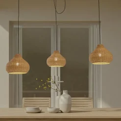 udendørs hængelampe Taniola, 3 lyskilder, beige, rattan, IP44^Lucande New