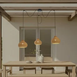 udendørs hængelampe Taniola, 3 lyskilder, beige, rattan, IP44^Lucande New