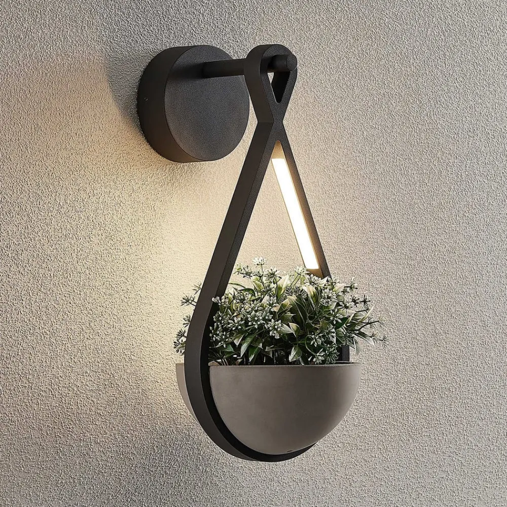 Lucande Terrassebelysning|Væglamper>udendørs LED-væglampe Florka, natursten, hængende kurv