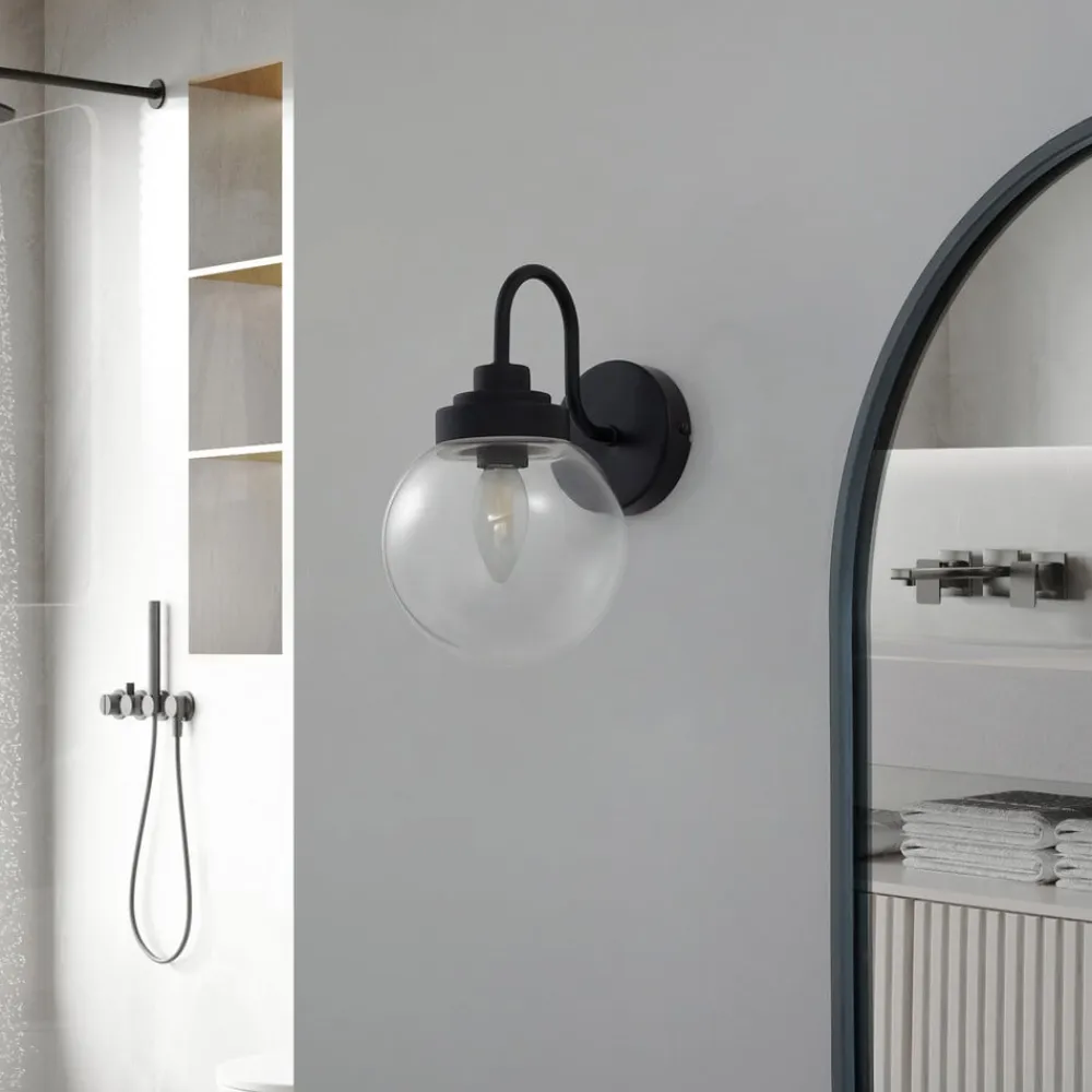 Lucande Væg- Og Spejllamper|Væglamper>væglampe Badolo, sort, glas, 25 cm høj, IP44