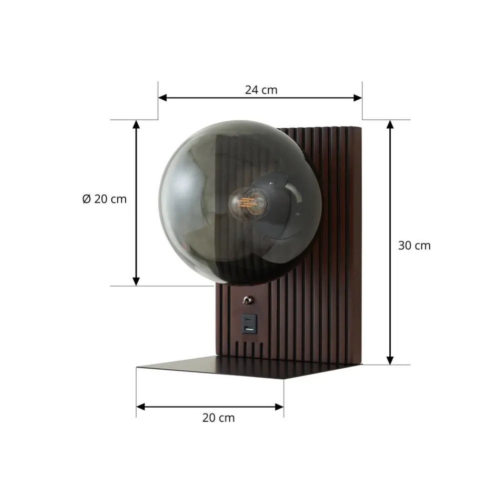 Lucande væglampe Veloura, højde 30 cm, glas, træ, USB