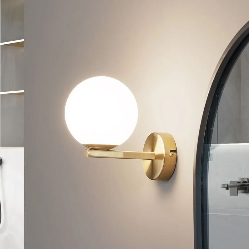 Lucande Væg- Og Spejllamper>-væglampe Bidolo, messingfarvet, glas, 12 cm, IP44