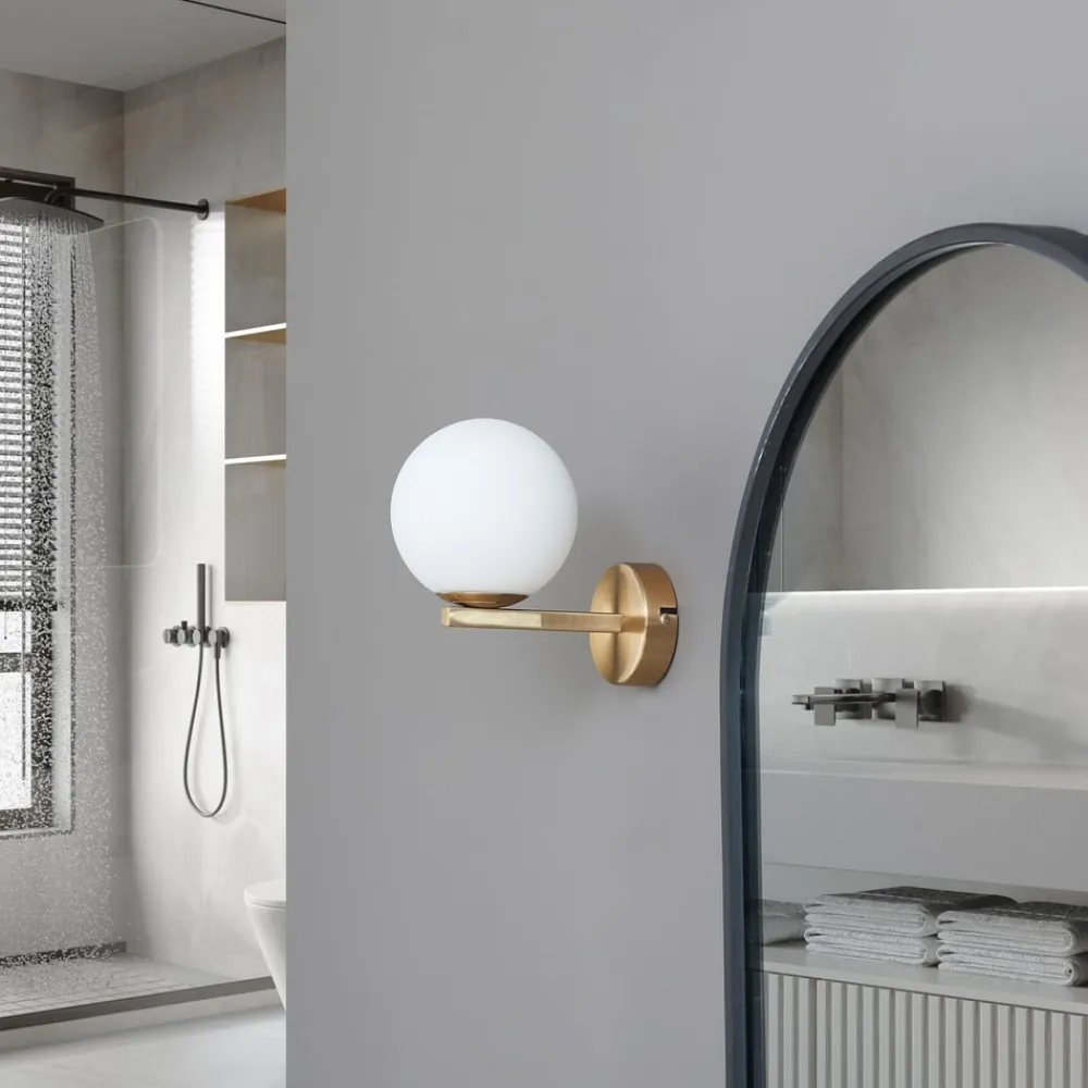 Lucande Væg- Og Spejllamper>-væglampe Bidolo, messingfarvet, glas, 12 cm, IP44