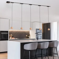 Lumaro skinnesystem, pendel, 5 lyskilder, guld, 48V, dæmpbar^Lindby