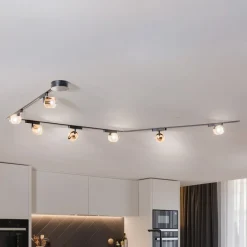 Lindby Lumaro skinnesystem, spots, 7 lyskilder, guld, Ø8cm,48V,dæmpbar