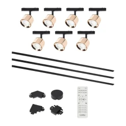 Lindby Lumaro skinnesystem, spots, 7 lyskilder, guld, Ø8cm,48V,dæmpbar