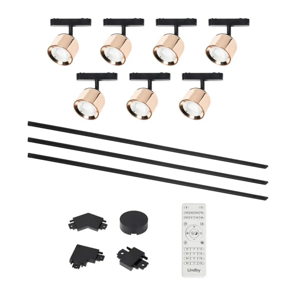 Lindby Lumaro skinnesystem, spots, 7 lyskilder, guld, Ø8cm,48V,dæmpbar