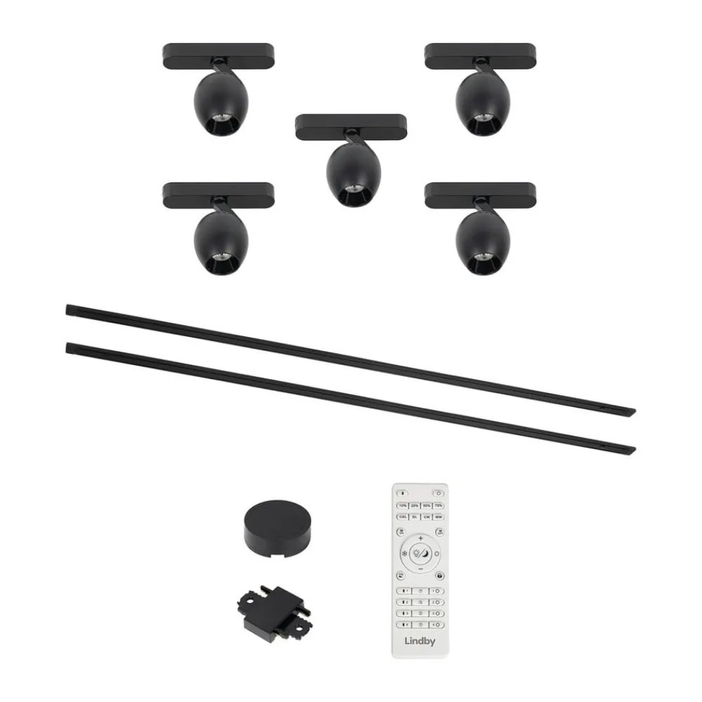 Lindby Lumaro skinnesystem, spots,5 lyskilder,sort,Ø6cm,48V,dæmpbar