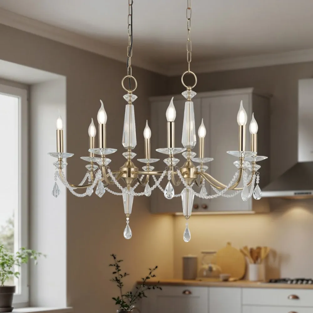 Lucea Lysekroner>Lysekrone Adone, lineær, 8 lyskilder, messing, krystalglas