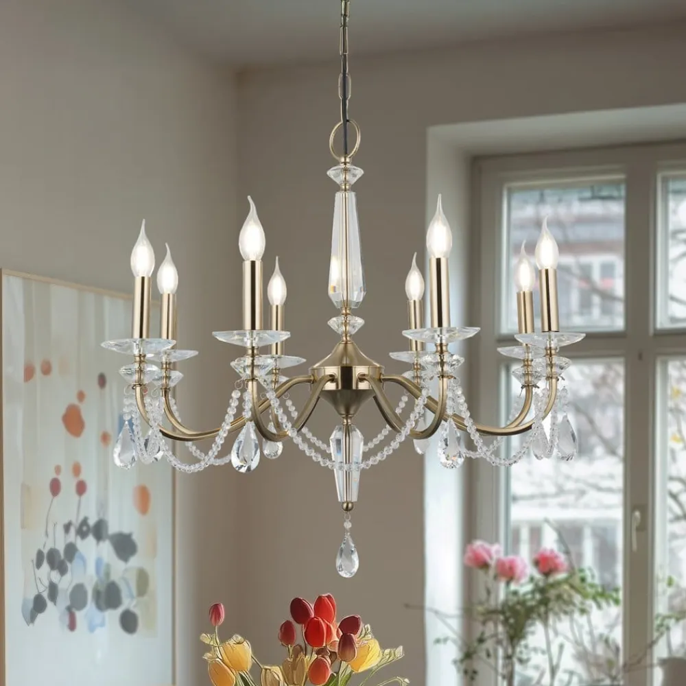 Lysekrone Adone, rund, 8 lyskilder, messing, krystalglas^Lucea Outlet