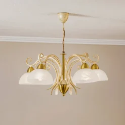 Luminex Lysekroner>Lysekrone Flora, fem glasskærme, hvid/messing