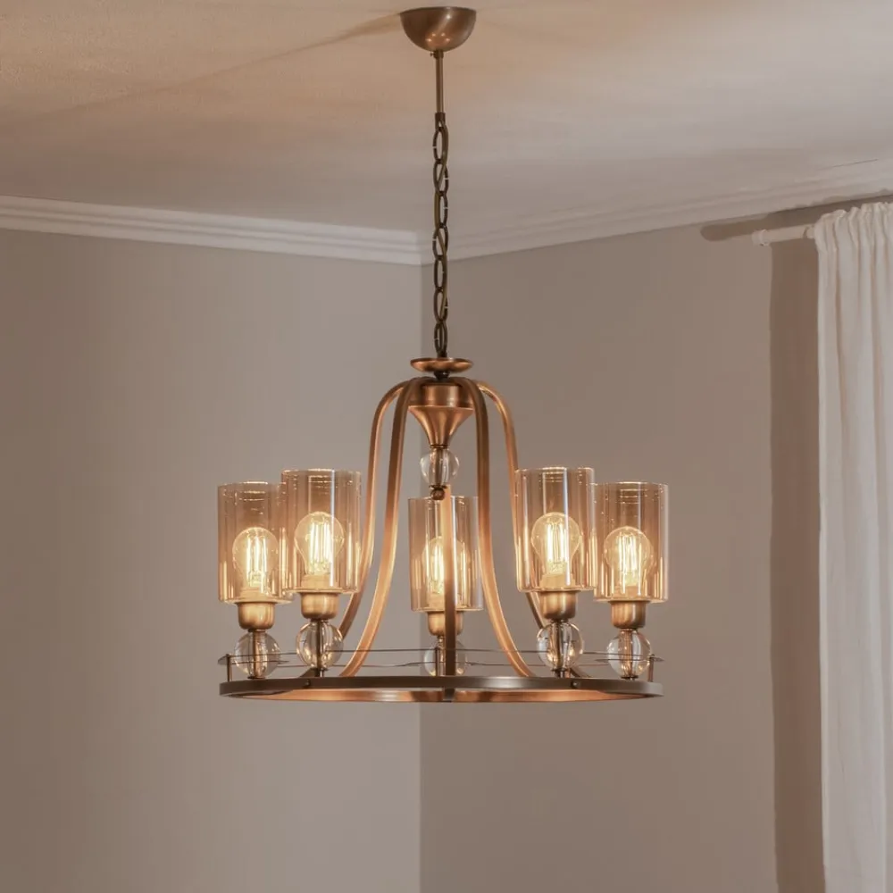 Avonni Lysekrone Jadina, guld antik, 5 lyskilder, Ø 62 cm metal/glas