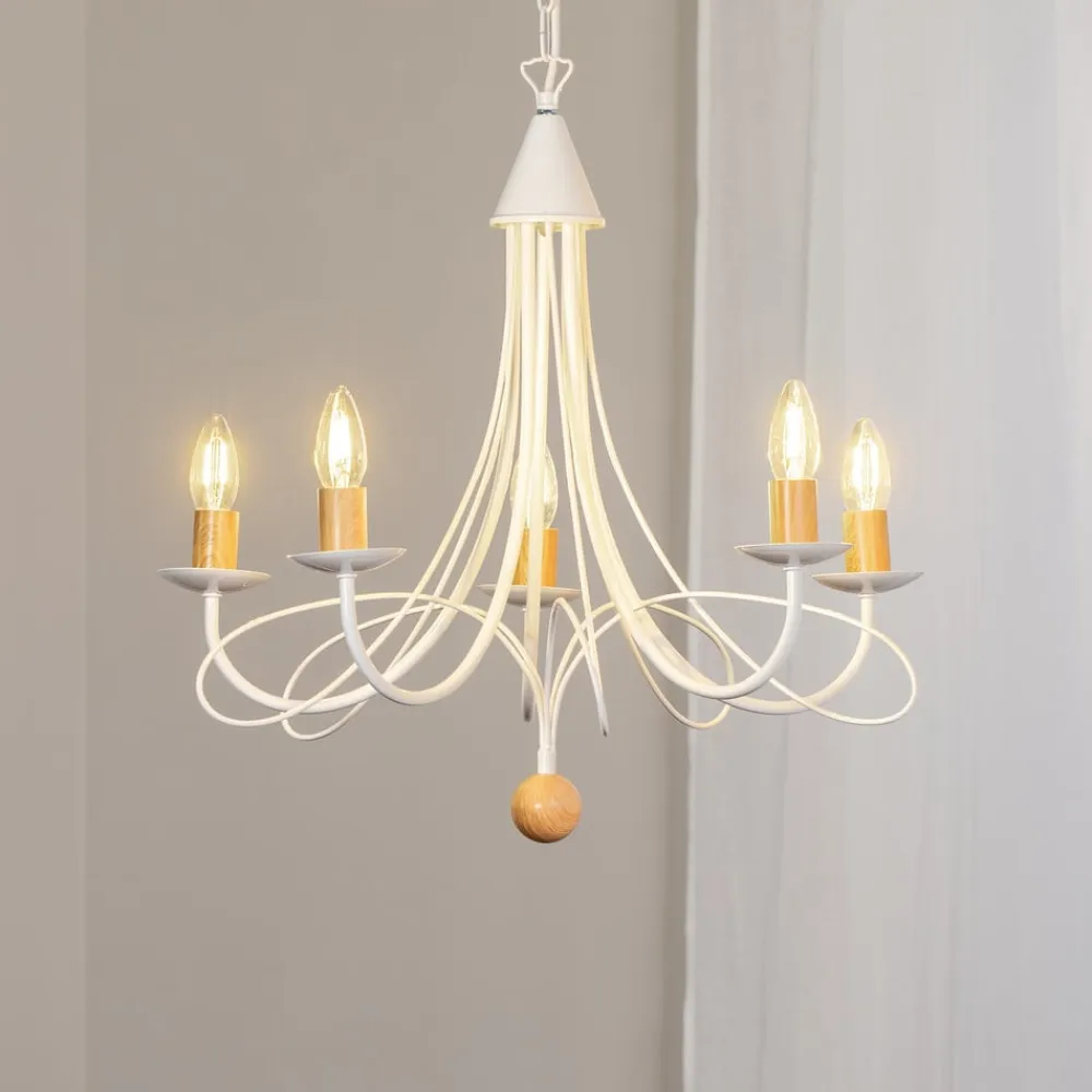 ONLI Lysekrone Milvia, 5 lyskilder, hvid/træfarvet, metal