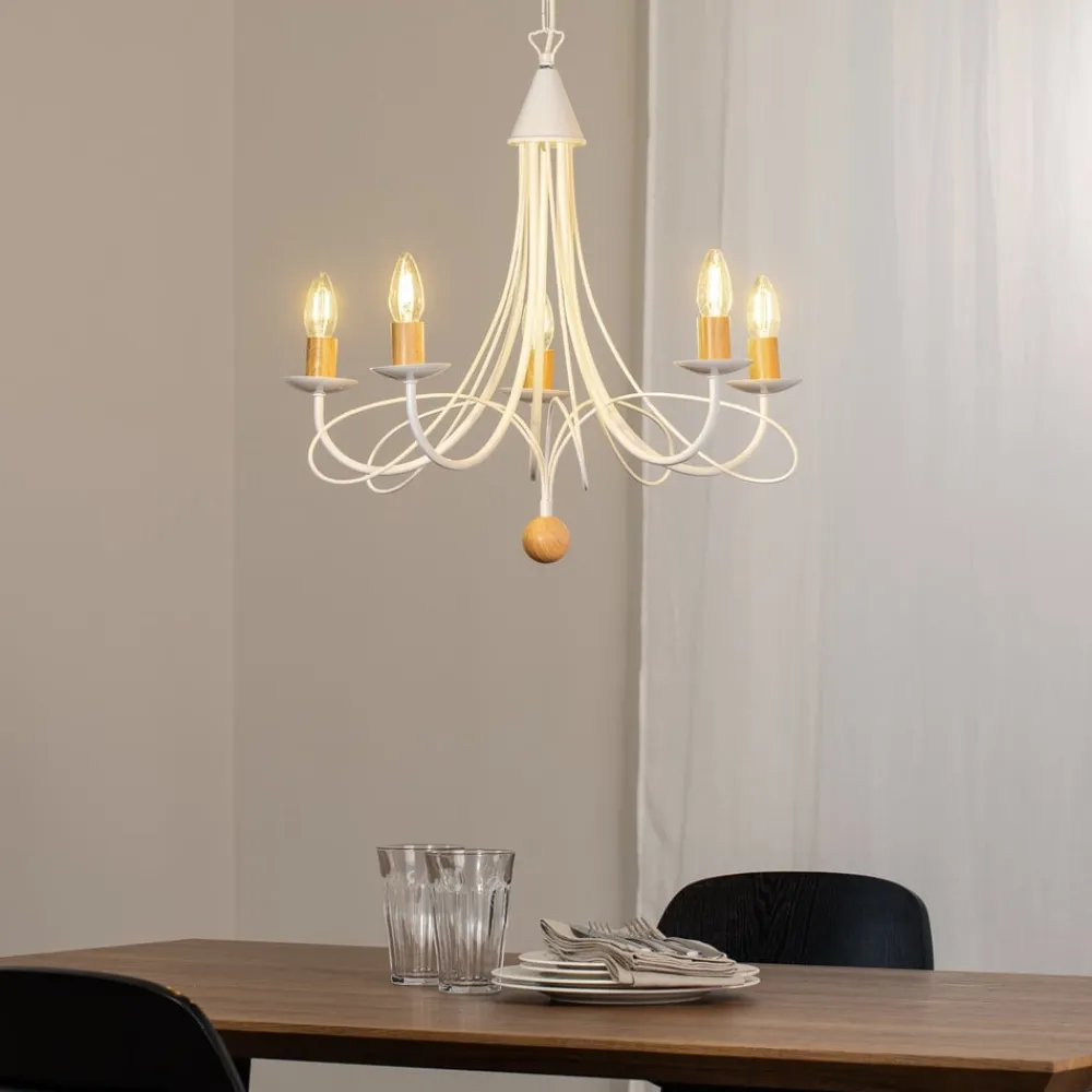 ONLI Lysekrone Milvia, 5 lyskilder, hvid/træfarvet, metal