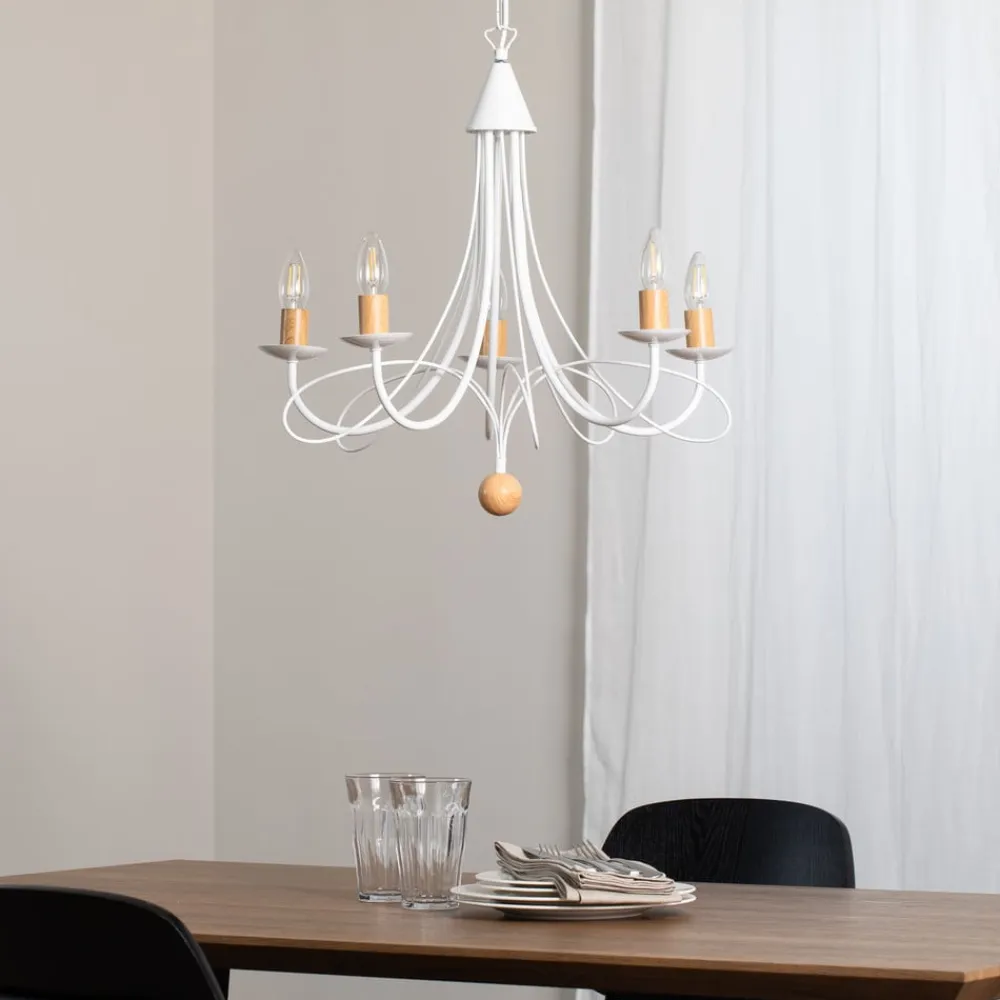 ONLI Lysekrone Milvia, 5 lyskilder, hvid/træfarvet, metal