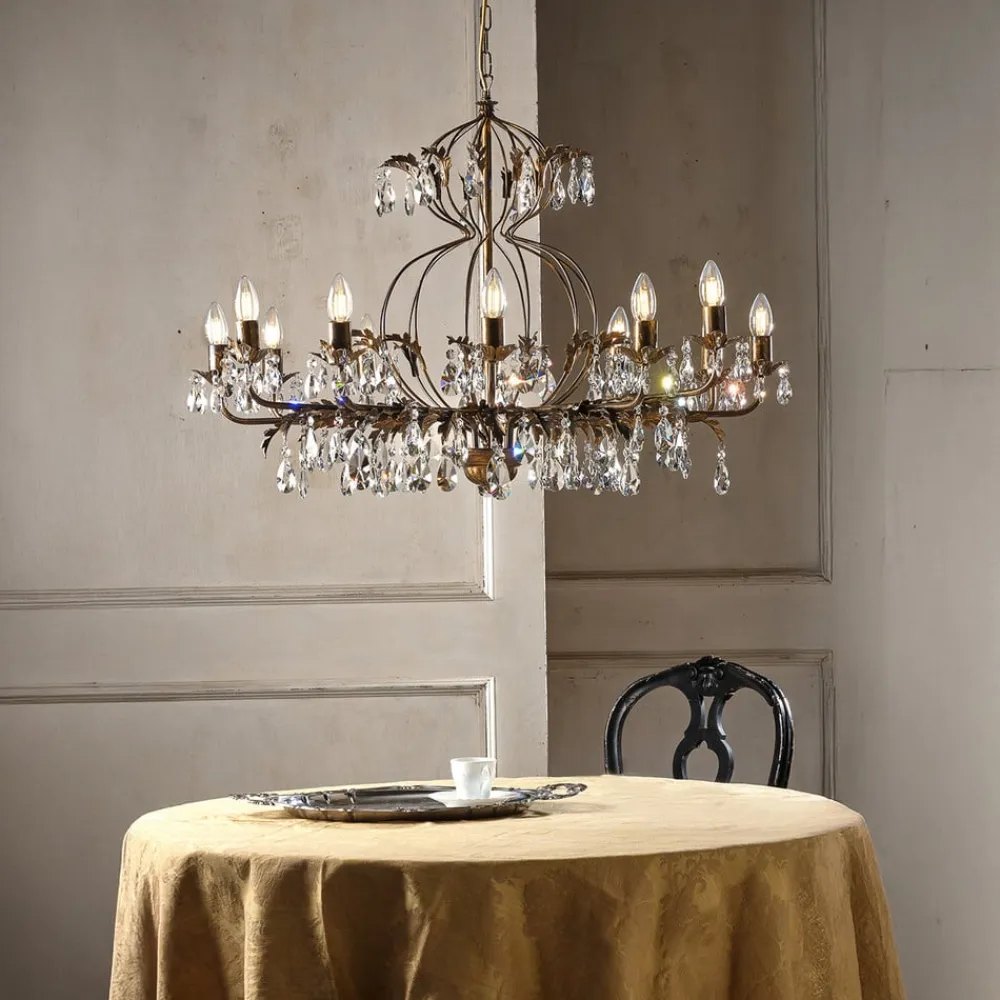 ONLI Lysekrone Teresa, 12 lyskilder, bronzefarvet, krystal