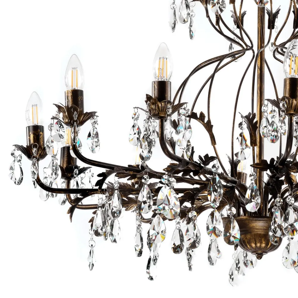 ONLI Lysekrone Teresa, 12 lyskilder, bronzefarvet, krystal