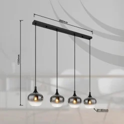 Globo Maxy hængelampe, længde 100 cm, røggrå, glas, 4 lyskilder.